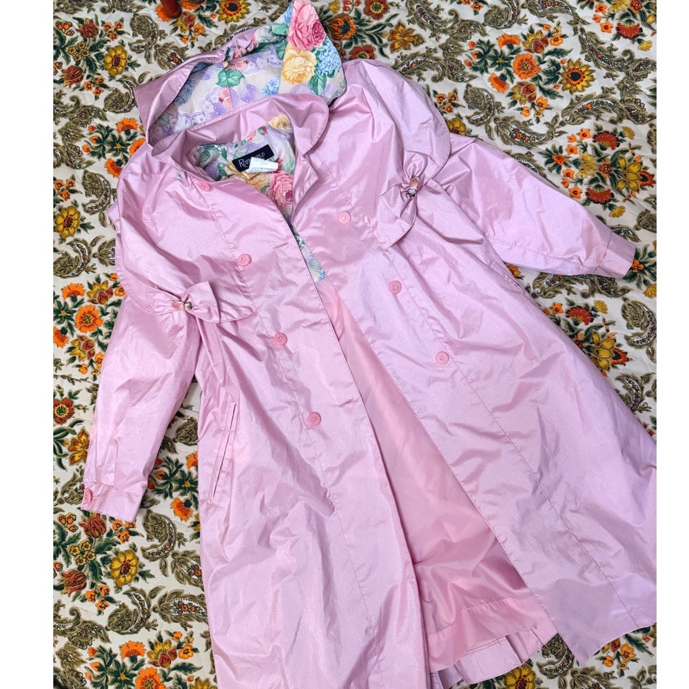 VTG Rothschild Girls Pink‎ Trench Raincoat Detachable Floral Hood Bows Size 8